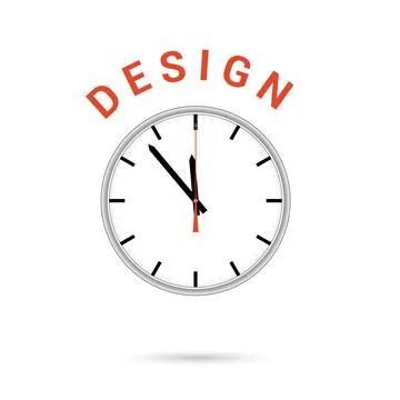 Vector illustration of clock icon. Red arrow points to word DESIGN. Conceptua Stock Illustration