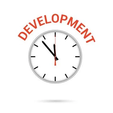Vector illustration of clock icon. Red arrow points to word DEVELOPMENT. Conc Stock Illustration