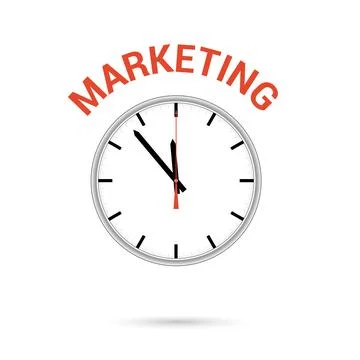Vector illustration of clock icon. Red arrow points to word MARKETING. Concep Stock Illustration