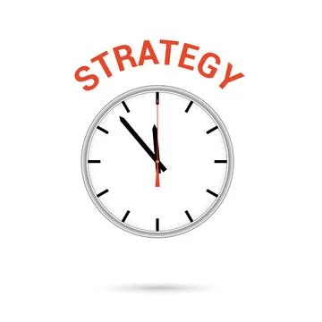Vector illustration of clock icon. Red arrow points to word STRATEGY. Concept Stock Illustration
