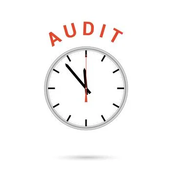 Vector illustration of clock icon. Red arrow points to word AUDIT. Conceptual Stock Illustration