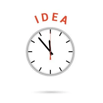 Vector illustration of clock icon. Red arrow points to word IDEA. Conceptual Stock Illustration
