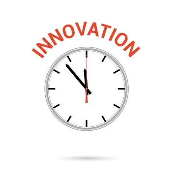 Vector illustration of clock icon. Red arrow points to word INNOVATION. Stock Illustration