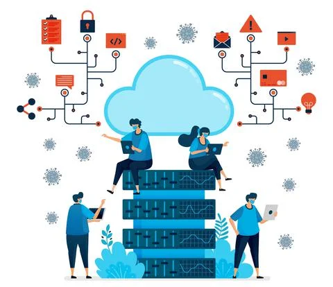 Vector illustration of cloud computing platform to support new normal work. D Stock Illustration