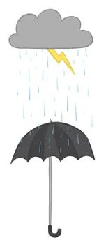 Vector illustration cloud, lightning, raining and umbrella. Hand drawn. Illustrazione stock