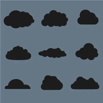 Vector illustration of clouds collection. Black shapes on grey background 스톡 일러스트