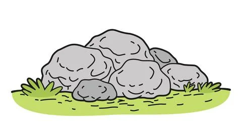 Vector illustration of a cluster of rocks on grass in a cartoon, outlined s.. Stock Illustration