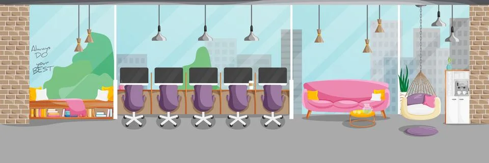 Vector illustration of co-working space interior in cartoon flat style Stock Illustration