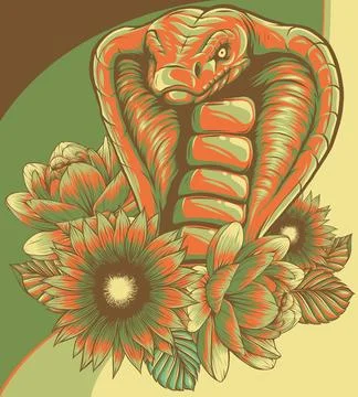 Vector illustration of Cobra snake and flowers 스톡 일러스트