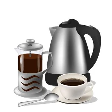 Vector illustration of coffe set. Kettle, french press and cup with spoon Stock Illustration