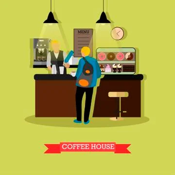 Vector illustration of coffee house design with barista and visitor Stock Illustration