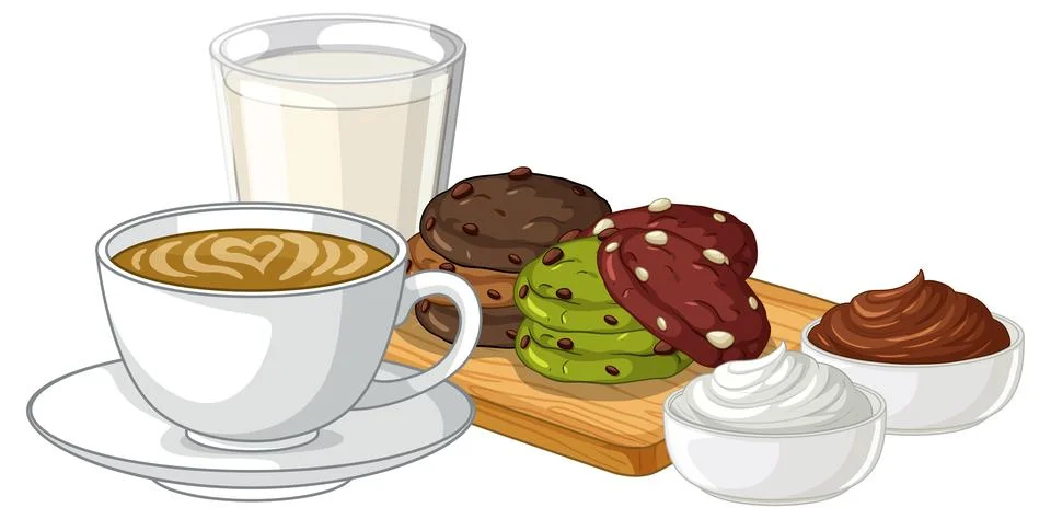 Vector Illustration of Coffee Latte with Assorted Cookies and Milk Stock Illustration