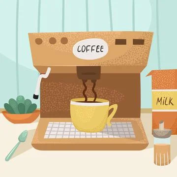 Vector illustration of a coffee machine brewing coffee in a cup. Kitchen inte Stock Illustration