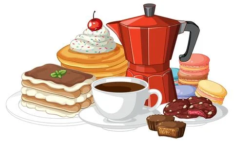 Vector Illustration of Coffee Moka Pot with Assorted Italian Desserts Stock Illustration