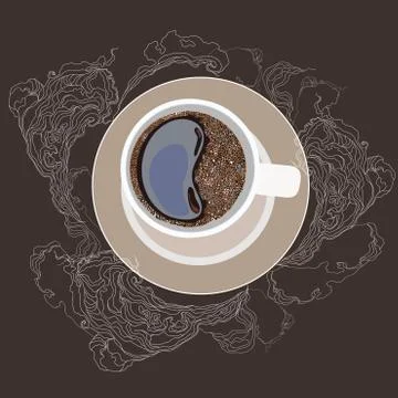 Vector illustration, coffee mug, on a plate. White smoke on a dark gray Stock Illustration
