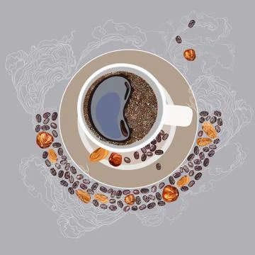 Vector illustration, coffee mug, on a plate. White smoke, coffee grains and nuts Stock Illustration