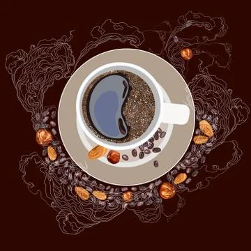 Vector illustration, coffee mug, on a plate. White smoke, coffee grains, nuts Stock Illustration