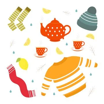 Vector illustration. Coldection of autumn icons. Clothes, hot tea with lemon 스톡 일러스트