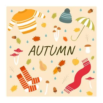 Vector illustration. Coldection of autumn icons. Clothes, mushrooms, fruits Illustrazione stock