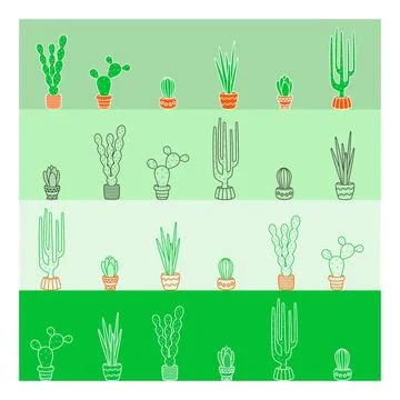 Vector illustration. Collection of cacti in flat style. Line art, Icon. Stock Illustration