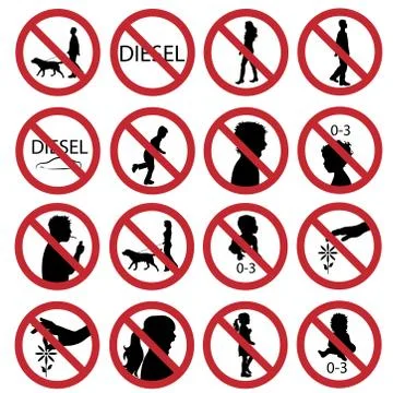 Vector illustration of collection of different prohibition signs on white bac Stock Illustration