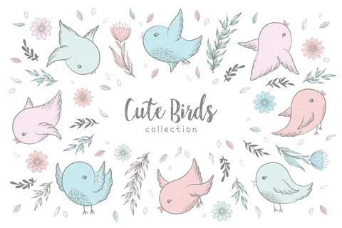 Vector illustration with collection of hand drawn cute birds, branches, leave Stock Illustration