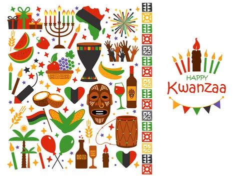 Vector illustration collection of Happy Kwanzaa. Holiday symbols on white Stock Illustration