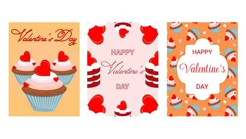 Vector illustration. Collection of postcards for valentine s day. Sweet pastr Stock Illustration