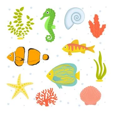 Vector illustration. Collection of silhouettes of seashells, seahorse, fish,  스톡 일러스트