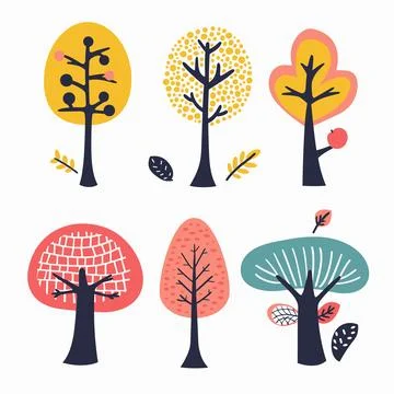 Vector illustration collection stylized trees various shapes colors abstract Illustrazione stock