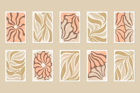 Vector illustration collection of vintage post stamps with abstract flowers.. Stock Illustration
