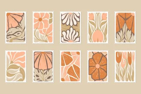 Vector illustration collection of vintage post stamps with abstract flowers.. Stock Illustration