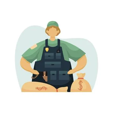 Vector illustration of a collector in a bulletproof vest with bags of money.  Illustrazione stock