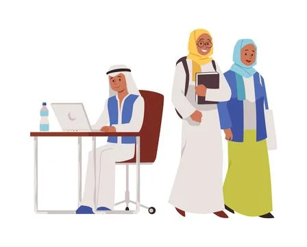 Vector illustration college students of a young Muslim man and a student in a 스톡 일러스트