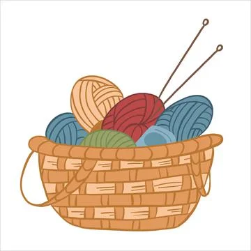 Vector illustration in color. Basket with threads for knitting, knitting needles Illustrazione stock