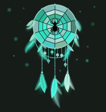 Vector illustration colored image of dreamcatcher with feathers and spider Stock Illustration