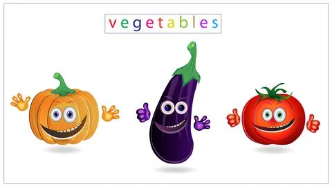 Vector illustration of colored vegetables with eyes, mouths and hands. Pumpkin Stock Illustration