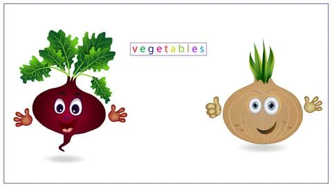 Vector illustration of colored vegetables with eyes, mouths and hands. Beets Stock Illustration
