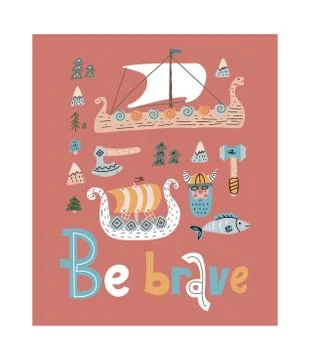 Vector illustration of colored viking elements, drakkar, mountains, weapons , Stock Illustration