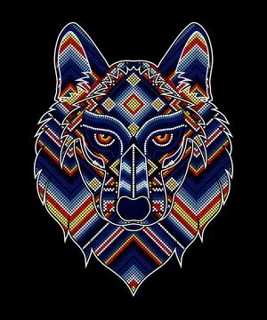 Vector illustration of colorful beaded wolf head inspired in mexican huichol  Stock Illustration