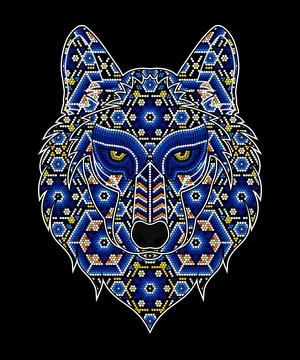 Vector illustration of colorful beaded wolf head inspired in mexican huichol  イラスト素材