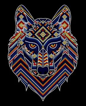 Vector illustration of colorful beaded wolf head inspired in mexican huichol  Stock Illustration