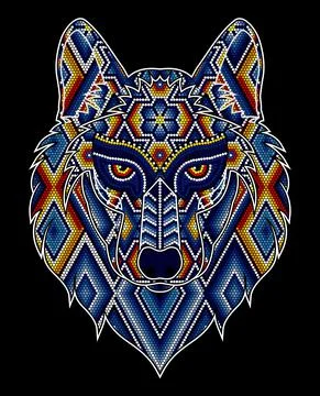 Vector illustration of colorful beaded wolf head inspired in mexican huichol  Stock Illustration