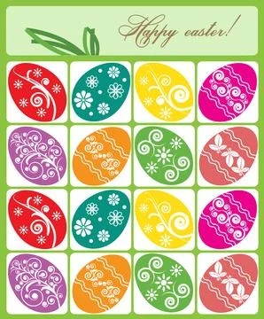Vector illustration. Colorful Easter Eggs with various decor in squares. Stock Illustration