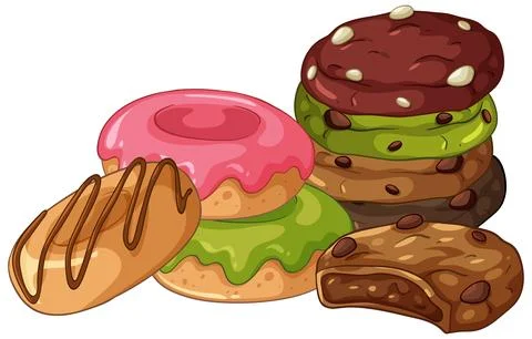 Vector illustration of colorful glazed donuts and a stack of various chocolat Stock Illustration