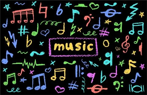 Vector illustration of colorful music notes in charcoal scribble style Stock Illustration