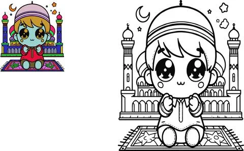 Vector illustration of coloring image of a child praying at mosque with col.. Stock Illustration