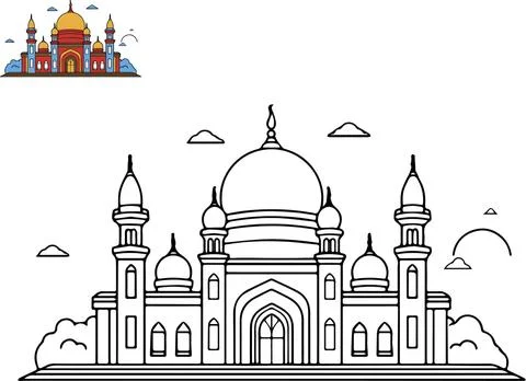 Vector illustration of coloring image of a mosque with colorful sample. Can.. Stock Illustration