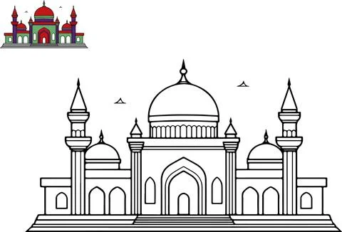 Vector illustration of coloring image of a mosque with colorful sample. Can.. Stock Illustration