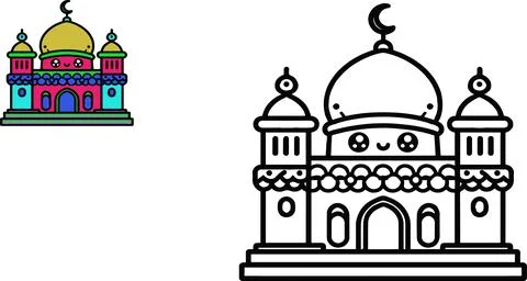 Vector illustration of coloring image of a mosque with colorful sample. Can.. Stock Illustration